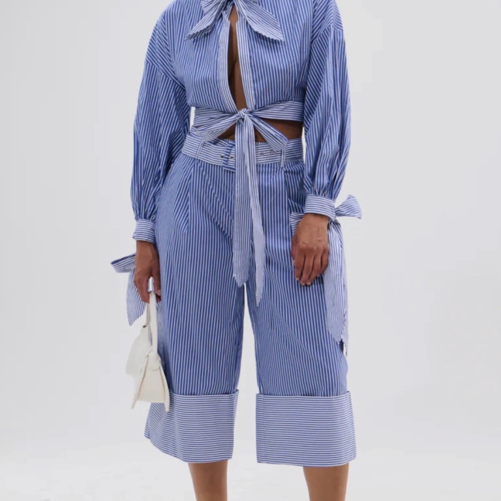 AKIRA Blue and White Striped Tie-Front Jumpsuit - Picture 1 of 4